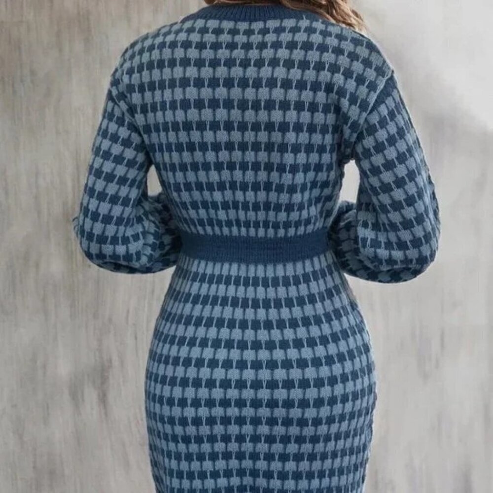 MODA ME COUTURE Sweater Dress Polyester Houndstooth Quiet Luxury L Blue - Picture 4 of 10